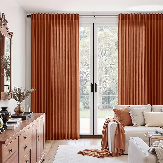 Nanspring Extra Wide Terracotta Curtains for Living Room 96 Inches Long Back Tab and Rod Pocket Linen Light Filtering Semi Sheer Farmhouse Boho Curtain for Bedroom Office Luxury 100x96, 2 Panels