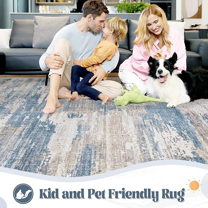 5x7 Area Rugs for Living Room, Washable Modern Abstract Large Area Rug Neutral Soft Non Slip Kids Rug Stain Resistant Indoor Carpet for Bedroom Nursery Dining Room Playroom(BlueBeige, 5'x7')