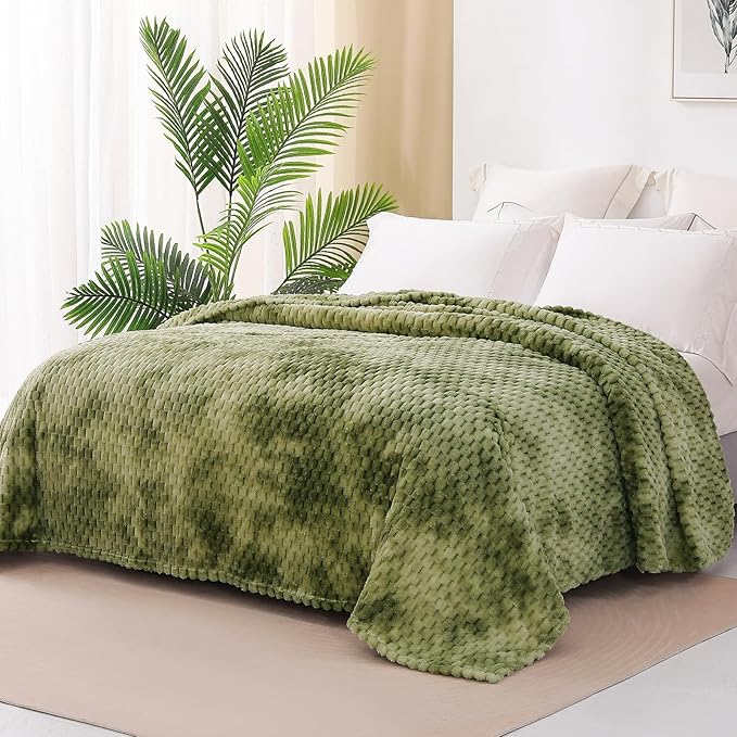 Exclusivo Mezcla Fleece Twin Blanket for Bed, Extra Large Fuzzy Tie-dye Olive Green Bed Blankets, Soft Cozy Plush Sofa Throws for All Seasons, 60x80 Inches