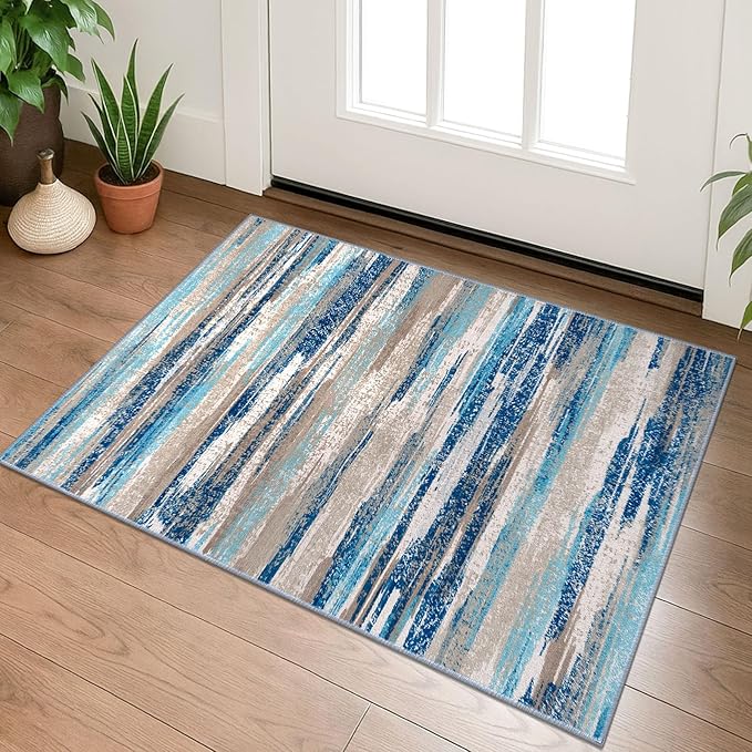 Lansny Small Abstract Area Rug, Entryway Rug Washable Door Mat Indoor Entrance, 2x3 Washable Rug Non-Slip, Soft Blue Kitchen Rugs Thin Print Faux Wool Floor Carpet Throw Rugs for Foyer Front Door Sink