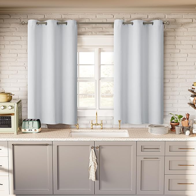 BGment Greyish White Short Room Darkening Curtains for Small Windows, 38 x 45 Inch Thermal Insulated Tier Set of 2 Panels Sun Blocking Drapes for Kitchen Bedroom