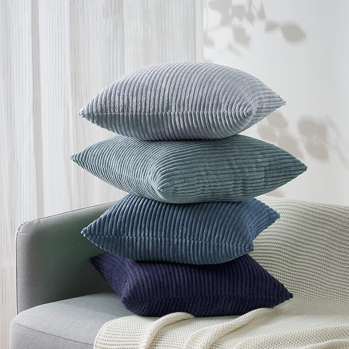 Topfinel Navy Blue Euro Shams Decorative Throw Pillow Covers 26x26 Inch Set of 4,Soft Corduroy Striped Gradient Color Large Cushion Cover for Beach,Patio,Balcony,Living Room,Summer Home Decor