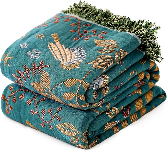 MSGKV Boho Throw Blanket 50"x60" Cotton Blanket for Couch and Sofa Cover for Living Room Spring Throw Decorative Woven Bird Blankets