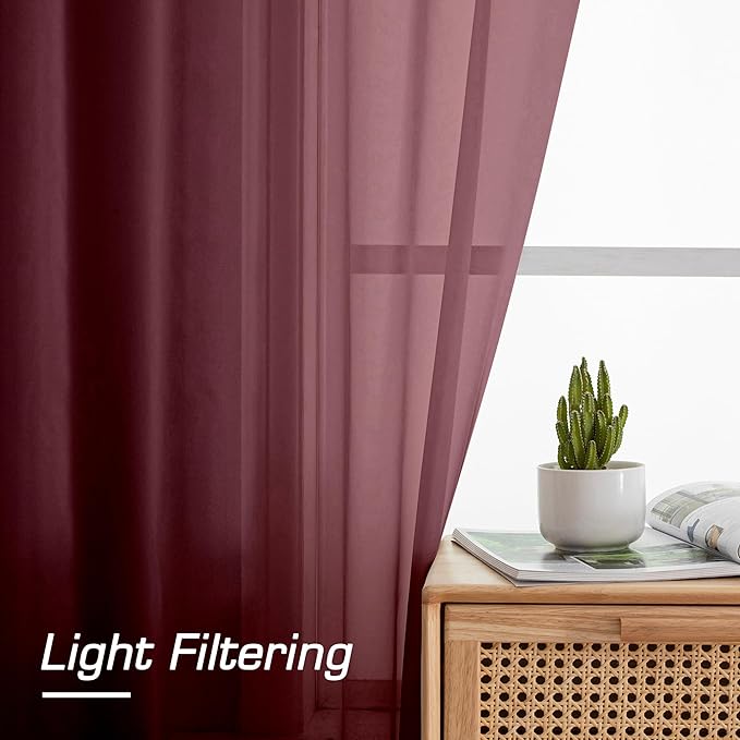 OWENIE Sheer Curtains, Sheer Curtains 78 inch Length 2 Panels Set, Rod Pocket Voile Fimly Sheer Drapes for Living Room/Bedroom, 2pcs, Each 42" W x 78" L, Burgundy