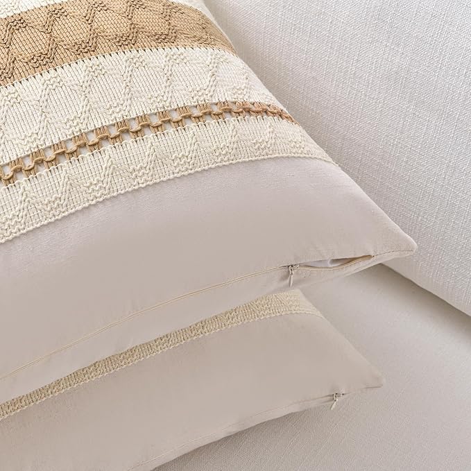 Fancy Homi Set of 1 Tan Neutral Decorative Throw Pillow Cover 18x18 Inch for Couch Bed Sofa, Aesthetic Modern Organic Farmhouse Boho Home Decor, Soft Cotton Cute Accent Macrame Taupe Cushion Case