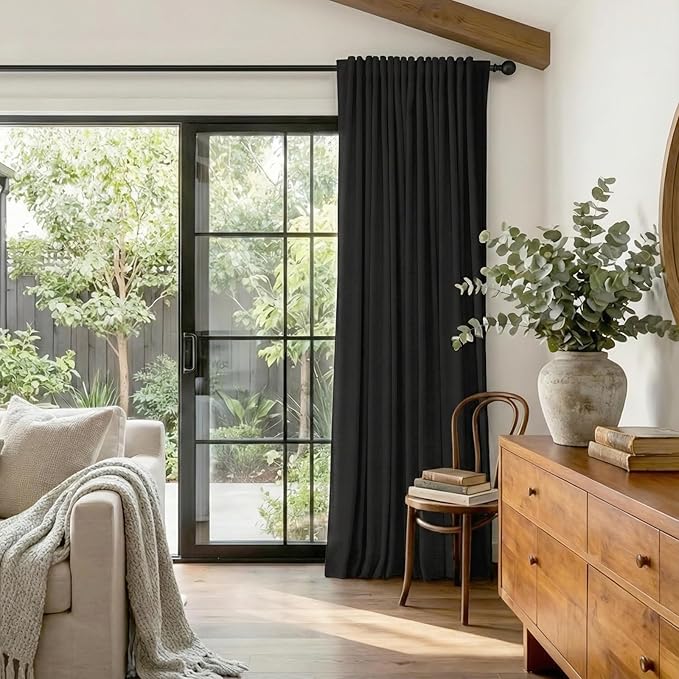 100% Blackout Shield Linen Blackout Curtains for Bedroom 84 Inches Long, Back Tab/Rod Pocket Living Room Drapes, Thermal Insulated Blackout Curtains 1 Panel Set, 100" W x 84" L, Black