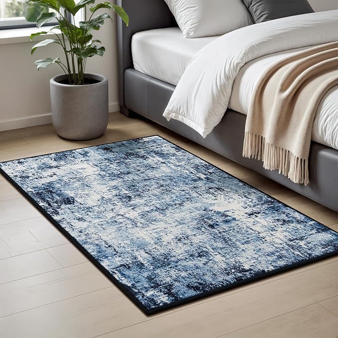 Rugflix 2x3 Entrance Rugs, Entry Rug Washable Non-Slip Stain-Resistant Low Pile Small Modern Dark Carpet, for Living Room Bedroom Indoor, Navy Blue/Black