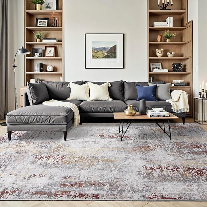 Toneed Abstract Area Rug 5x7 Modern Washable Rug Soft Non Slip Rug Low Pile for Bedroom Living Room Dining Room Taupe Grey Brown