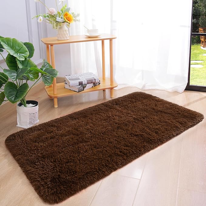 Chicrug Soft Runner Rug for Bedroom Living Room Plush Fluffy Rugs 2x4 Feet, Shag Furry Runner Carpet Non Shedding for Nursery Children Kids Girls Room Home Decorative, Coffee