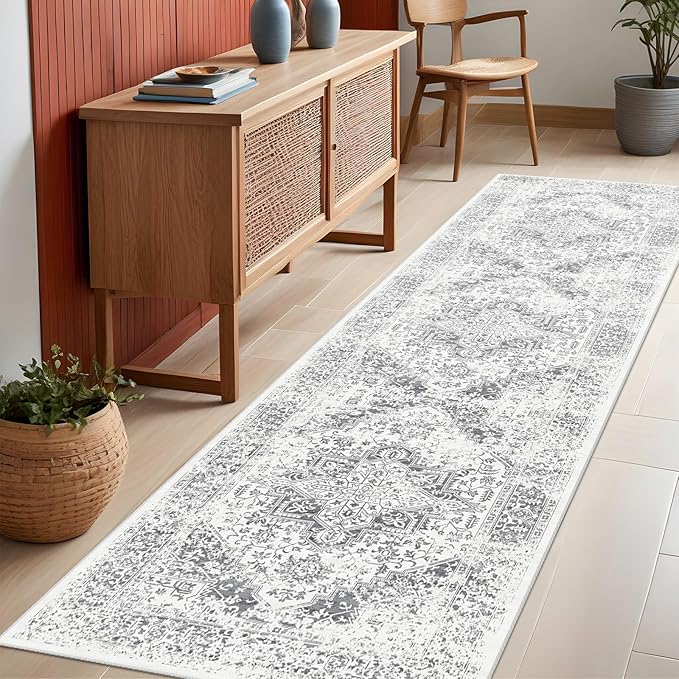Washable 2'6''x8' Runner Rug - Non-Slip Vintage Runner Rug for Entryway Low-Pile Medallion Long Rugs for Hallway Waterproof Traditional Runner Rugs Indoor Thin Rug for Kitchen (Grey)