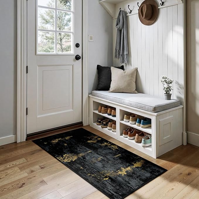 Washable Area Rugs 2'x5' Non-Slip Modern Abstract Soft for Living Room Entryway Bedroom Nursery, Print Pattern, Dark Black Gold