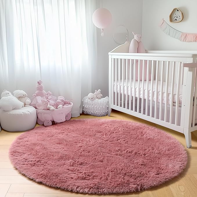 ONASAR Blush Round Area Rugs 5ft, Soft Bedroom Circle Rug Mats for Kids Girls Teen Room, Fluffy Plush Shaggy Carpet for Dorm Nursery Living Room Playroom Home Decor Princess Castle