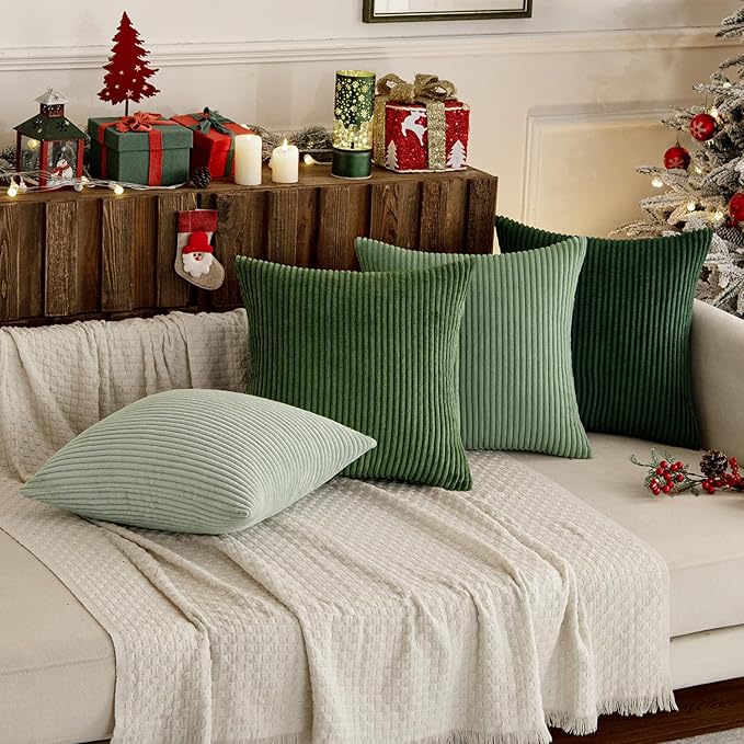MIULEE Boho Farmhouse Sage Green Throw Pillow Covers 22x22 Inch Set of 4 Mordern Nordic Cushion Covers Soft Corduroy Spring Home Decor for Couch Bed Sofa Living Room Forest Green