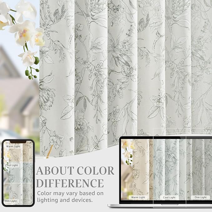 jinchan Floral Curtains 90 Inch Length Charcoal Grey Flower Linen Farmhouse Curtain for Living Room French Country Vintage Curtain Rod Pocket Curtains Set 2 Panels Gray Floral Printed