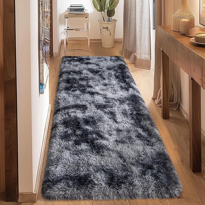 Ultra Soft Runner Rugs for Bedroom Hallways with Upgraded Non-Slip Rubber Backing & Thick Memory Sponge, 2 Packs 2x6 Feet Fluffy Shag Throw Area Rug for Bedside Dorm Tie-dye Dark Grey