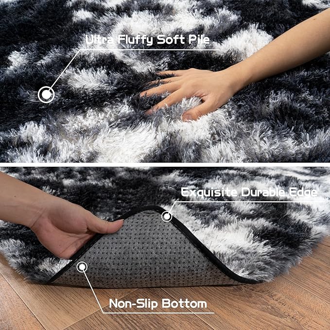 Pionblank Super Fluffy Area Rug for Living Room 5x7 Feet, Modern Indoor Shaggy Carpet, Soft Plush Non Slip Rugs for Bedroom Kids Room Cloakroom Home Decor, Black White