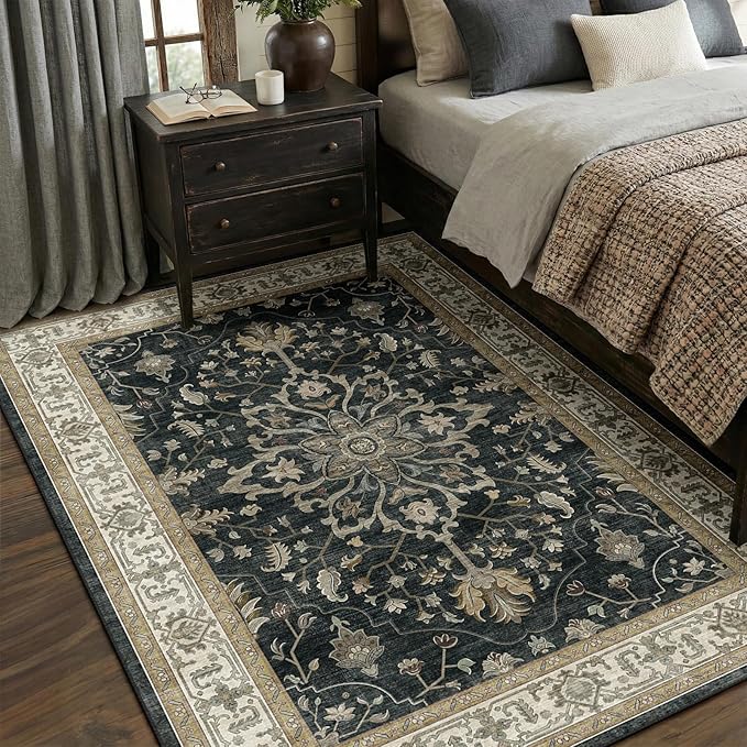 Area Rugs 5'x7' Washable Non-Slip, Floral Vintage Distress Print Pattern Medallion Carpet for Living Room Bedroom Dining Room, Vintage Black Brown Neutral