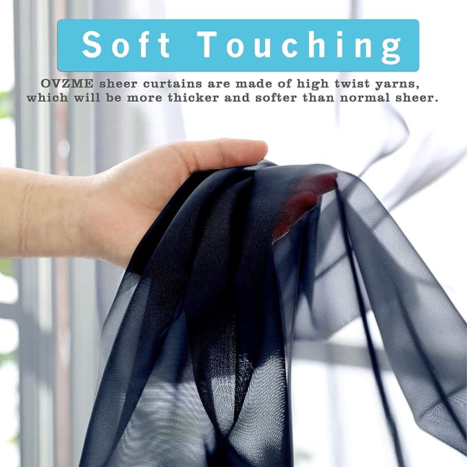 OWENIE Short Sheer Curtains 24 Inches Long 2 Panels for Bathroom Window, Rod Pocket Light Filtering Sheer Tier Curtains for Small Kitchen Laundry Room, RV, Camper Travel Trailers, 42W x 24L, Navy