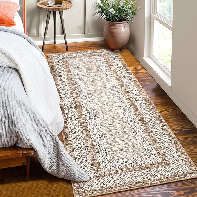 GarveeHome 2x6 Modern Bordered Runner Rug Soft Non Slip Runner Washable Non Shedding Floor Carpet, Distressed Geometric Hallway Runner, Indoor Printed Runner for Kitchen, Entrance, Brown