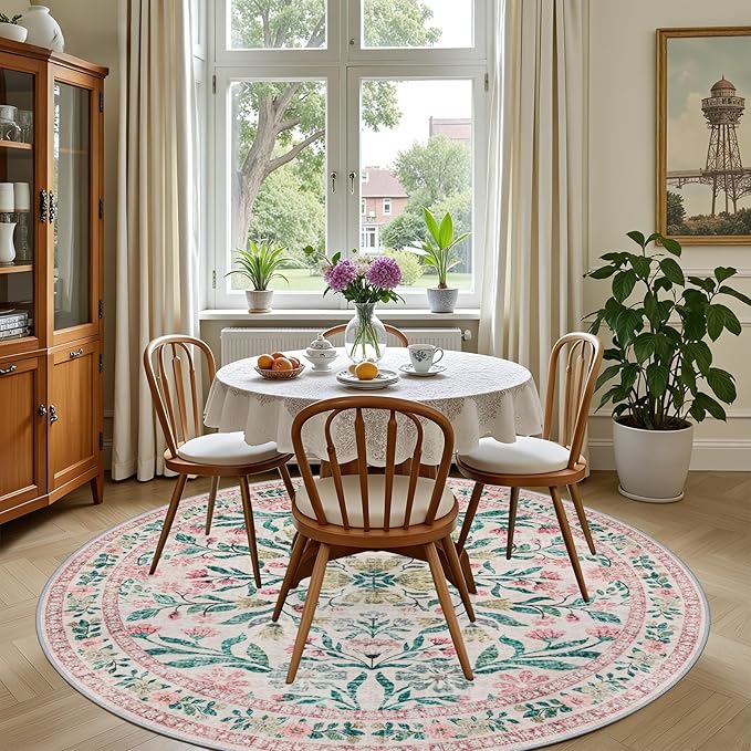 Round Area Rug for Living Room: 4 ft Floral Washable Circle Rug Soft Boho Non-Slip Carpet Indoor Stain Resistant Low Pile Small Circular Rug for Bedroom Entryway Kitchen Nursery Home Office Pink Green