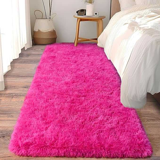 Soft Shag Runner Rugs for Girls Bedroom, 2x6 Hot Pink Fluffy Throw Area Rug Non Slip for Hallways Kids Bedside Dorm, Long Shaggy Furry Carpet for Nursery Living Room