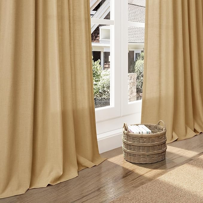 Nanspring Gold Yellow Linen Curtains 96 Inches Long 2 Panels Set for Living Room Rod Pocket Back Tab Semi Sheer Light Filtering Protect Privacy Gold Yellow Curtain for Bedroom Floor Length 52x96
