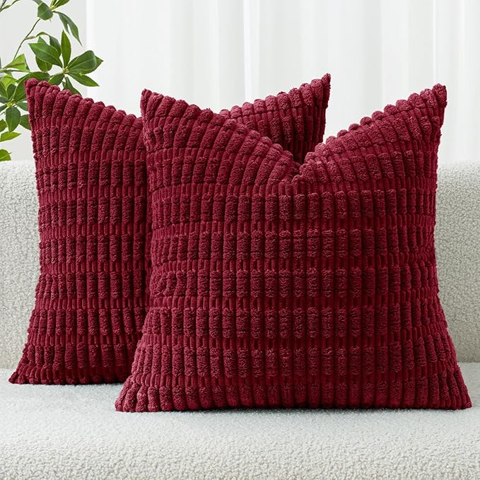 MIULEE Pack of 2 Burgundy Corduroy Decorative Pillow Covers 20x20 Inch Soft Boho Striped Throw Pillow Covers Modern Farmhouse Home Decor for Sofa Living Room Couch Bed