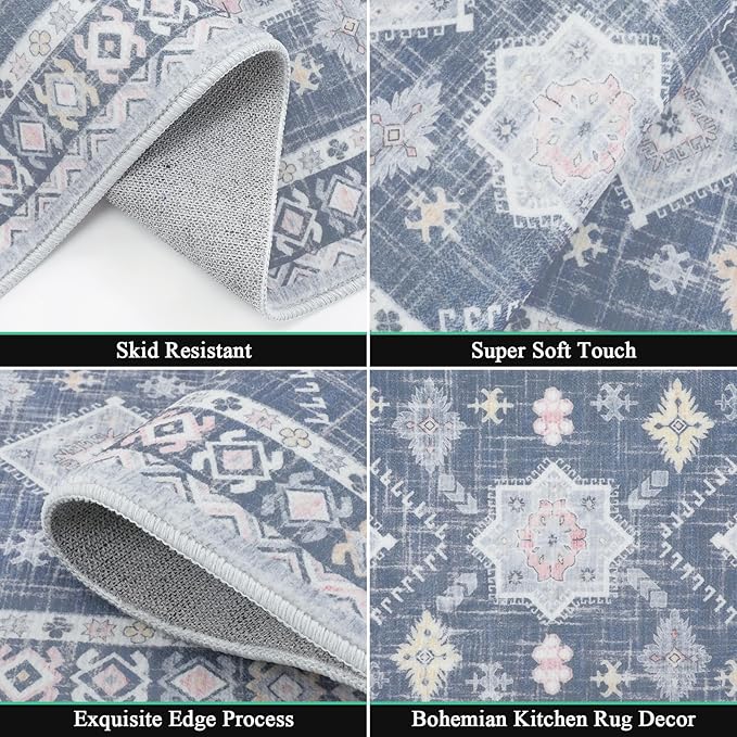 HEBE Boho Kitchen Rug Sets 3 Piece with Runner Non Slip Kitchen Rugs and Mats Washable Kitchen Mats for Floor Thick Kitchen Floor Mat Carpet Runner Rugs for Hallway Laundry Holiday Decor