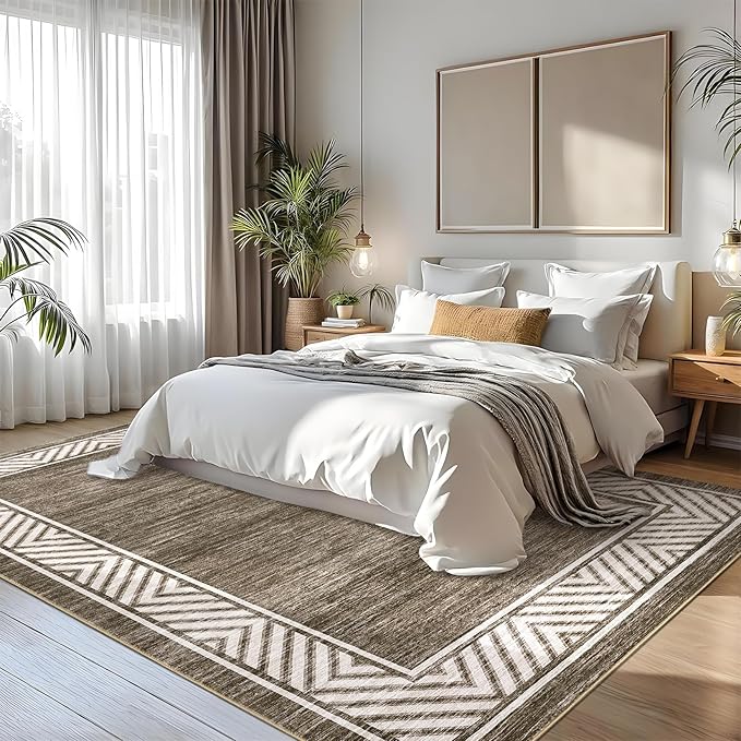 GarveeHome Bordered Bedroom Rugs 5x7 Ultra-Soft Indoor Carpet, Non-Slip Modern Geometric Living Room Rug, Stain-Resistant Neutral Accent Floor Cover for Dining Room, Nursery, Office, Brown