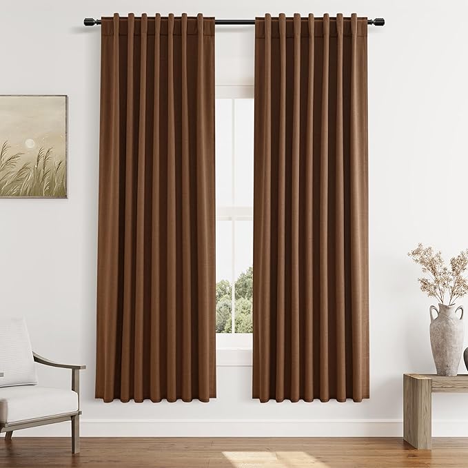 Guken Caramel Brown 100% Blackout Linen Curtains 72 Inch Length 2 Panels Set for Living Room Bedroom Back Tab/Rod Pocket Thermal Insulated Black Out Drapes Room Darkening Farmhouse Window Curtains