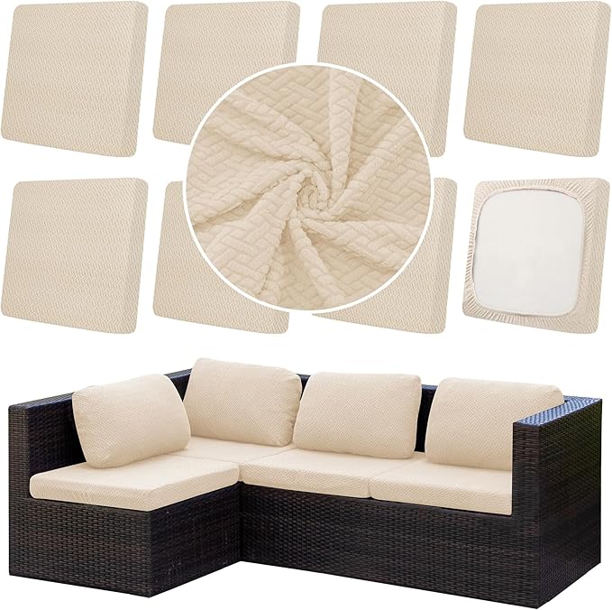 8Pcs Outdoor Cushion Covers, Patio Cushion Covers,Stretch Elastic Slipcovers, Replacement Washable Furniture Protector for Patio Couch,Thick Jacquard Textured Twill Fabric(Mustard Yellow,Cover Only)