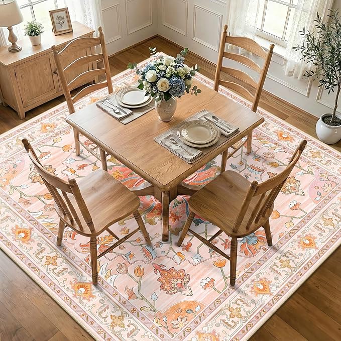 RELEANY Area Rugs Square 8ft Washable Non-Slip, Floral Vintage Distress Print Pattern Medallion Carpet for Living Room Bedroom Dining Room, Light Pink Colorful