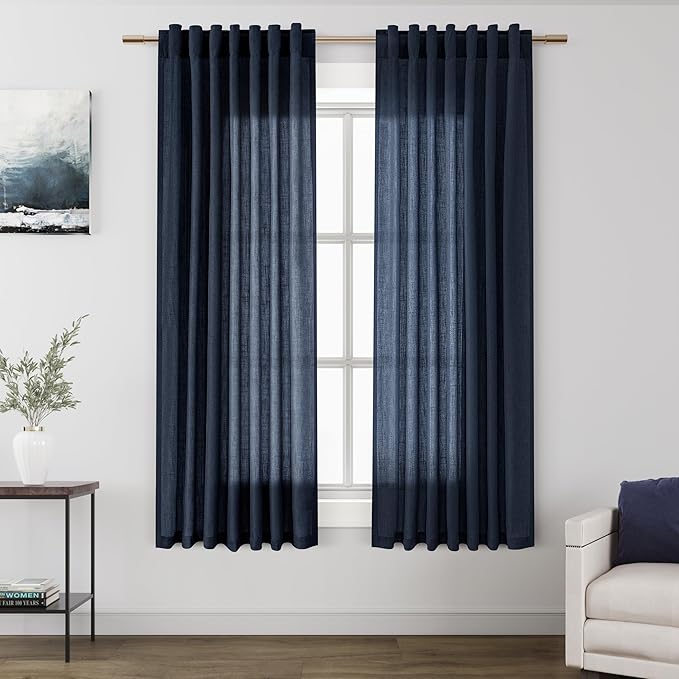 Nanspring Navy Blue Linen Curtains 63 Inches Length 2 Panels Set for Living Room Back Tab Pocket Light Filtering Semi Sheer Drapes Cotton Linen Textured Indigo Blue Window Curtain 52X63 Inches