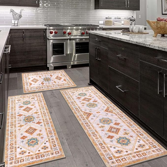 HEBE Boho Kitchen Rug Sets 3 Piece with Runner Non Slip Kitchen Rugs and Mats Washable Kitchen Mats for Floor Thick Kitchen Floor Mat Carpet Runner Rugs for Hallway Laundry Holiday Decor