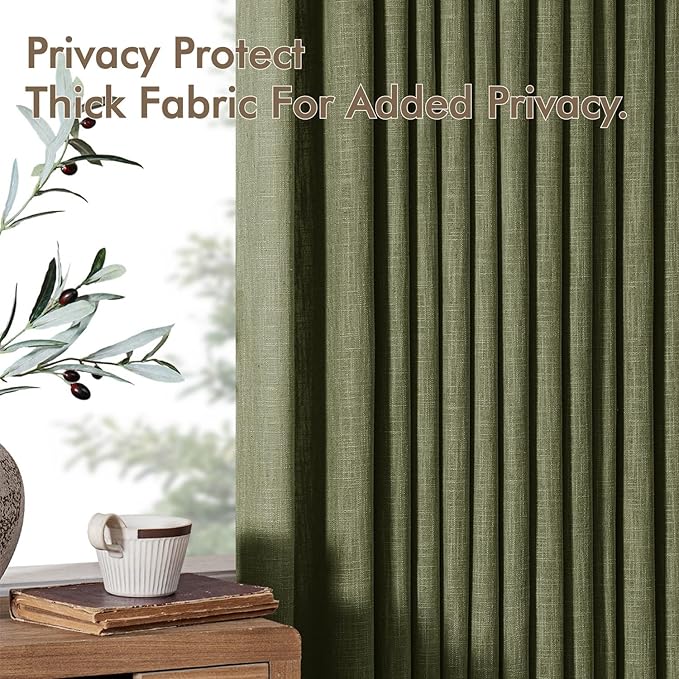 MIULEE Olive Green Pinch Pleated Thick Linen Curtains 84 Inches Long 2 Panels for Living Room Bedroom, Linen Texture Memory Trained Drapes Pleat Back Tab Semi Sheer Moss Green Track System Curtains