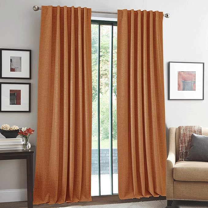 RYB HOME Burnt Orange Total Blackout Curtains Linen Texture, Rustic Fall Curtains for Bedroom/LivingRoom/Office, Thermal Insulated Boho Farmhouse HomeDecor, Luxury Privacy Drapes, W52xL90, 2 Panels
