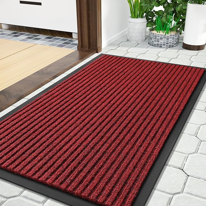 Yimobra Front Door Mat Outdoor Indoor Entrance, 100% Waterproof All-Season All Weather Doormat, Welcome Matt Outside Entry, Non Slip, Low Profile, Heavy Duty Patio Porch Floor Mats,36 x 17,Black Red