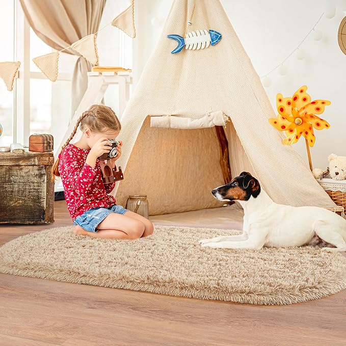 Pionblank Fluffy Area Rug for Bedroom 3.3'x6.2', Shag Oval Rug for Bedside, Ultra Soft Cute Plush Carpet for Living Room Kids Girls Boys Room Nursery Teens Dorm Home Decor, Camel