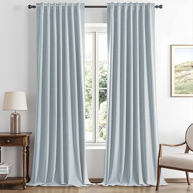 MIULEE 100% Blackout Linen Curtains for Bedroom, Chambray Blue Solid Luxury Decor Thermal Insulation Room Darkening Drapes for Living Room Nursery Back Tab Rod Pocket 42 x 96 Inches, 2 Panels