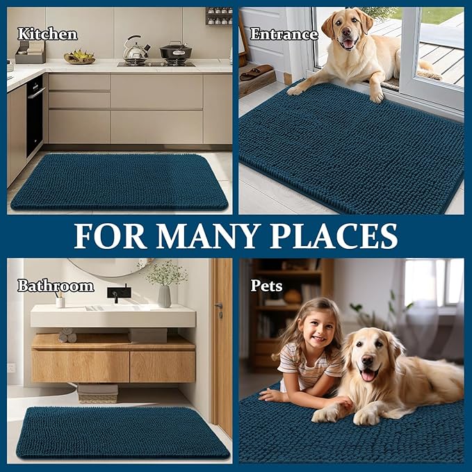 OLANLY Dog Door Mat for Muddy Paws 54x24, Absorbs Moisture and Dirt, Absorbent Non-Slip Washable Doormat, Quick Dry Chenille Mud Mat, Entry Indoor Entryway Carpet for Inside Floor, Atlantic Blue
