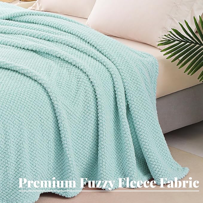 Whale Flotilla Queen Size Fuzzy Fleece Blanket for Bed, 90x90 Inch Fluffy Warm Soft Jacquard Blankets for All Season, Lightweight and Cozy, Light Blue