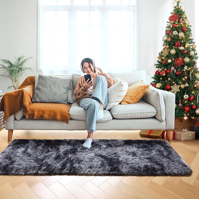 ONASAR Runner Rugs for Bedroom Living Room, Fluffy Tie-Dyed Dark Grey 2x6 Bedside Hallway Area Rug, Ultra Soft Plush Furry Faux Fur Non Slip Floor Carpet for Nursery Kids Dorm Closet Home Decor