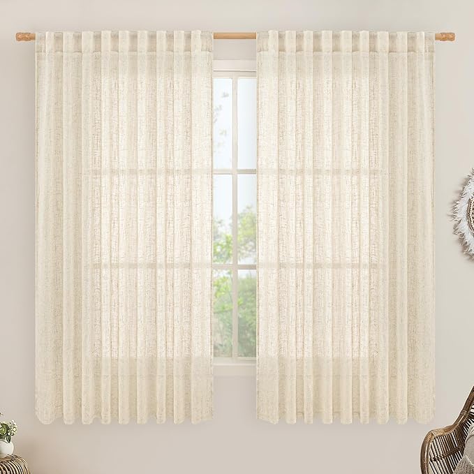 LAMIT Beige Linen Curtains 63 inches Long, Light Filtering Linen Textured Semi Sheer Back Tab and Rod Pocket Boho Drapes for Bedroom/Living Room, 2 Panels, 70 x 63 Inch