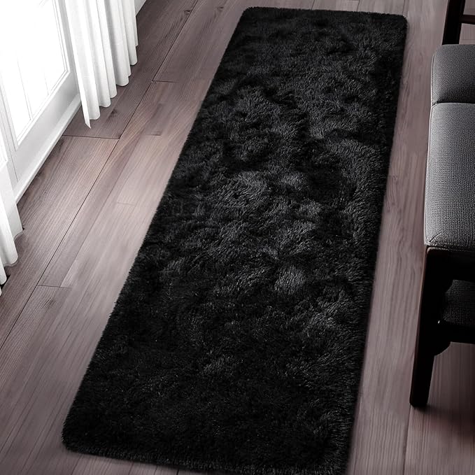 TWINNIS Super Soft Shaggy Runner Rugs Fluffy Carpets, 2x6 Feet, Indoor Modern Plush Area Rugs for Hallway Living Room Bedroom Kitchen Entryway, Upgrade Anti-Skid Rectangular Fuzzy Rug, Black