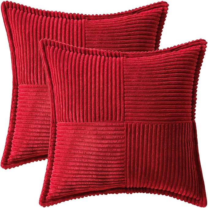 MIULEE Decorative Throw Pillow Covers for Couch Bed Livingroom 16x16 Inch Set of 2 Red Boho Accent Throw Pllows Broadside Striped Patchwork Soft Corduroy Pillowcases