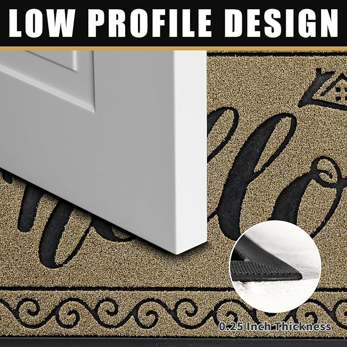Yimobra Welcome Mats for Front Door 29.5x17, Heavy Duty Waterproof Outdoor Door Mat Outside Entrance, Non-Slip Low Profile Indoor Entryway Mat for Garage Patio, Beige Brown