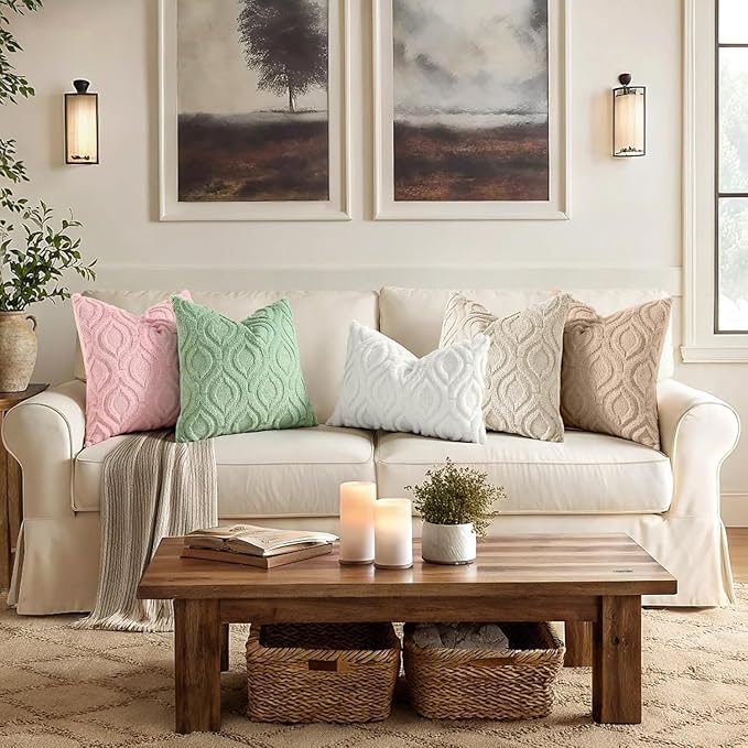 decorUhome Throw Pillow Covers 12x12 Inch Set of 2, Soft Plush Decorative Faux Fur Beige Solid Couch Pillow Covers, Accent Farmhouse Neutral Square Pillow Cases for Sofa Bed Living Room