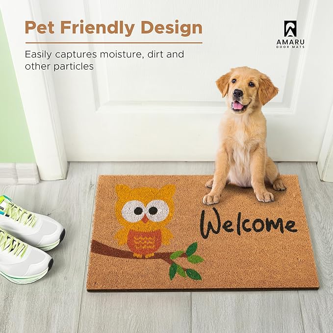 Owl - 17"x29" - Coir Door Mat with Heavy Duty Backing - Welcome Mats for Entryway, Porch - Anti-Slip PVC & Coconut Fiber Surface - Natural Home Accessories, Minimalist Original Design
