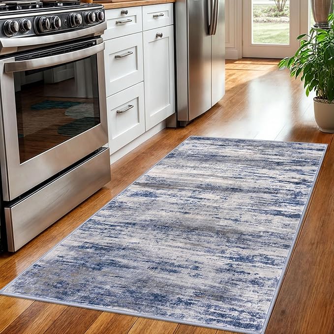 KOZYFLY Abstract Modern Washable 3x5 Area Rug Non-Slip Kitchen & Entryway Rug, Grey Blue Throw Rugs Indoor Mat for High-Traffic Door Entrance, Laundry, Nursery, Soft Bedroom Living Room Accent