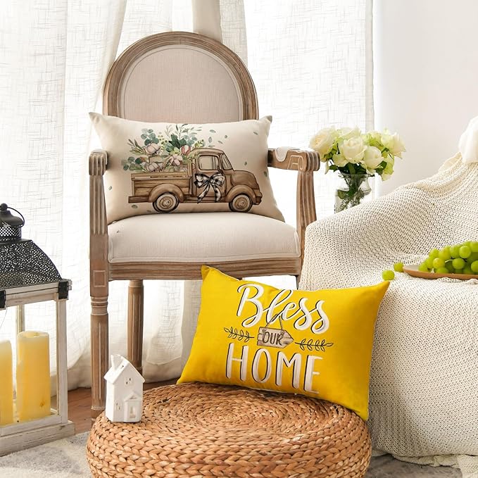 AVOIN colorlife Bless Our Home Farmhouse Eucalyptus Leaves Throw Pillow Covers, 12 x 20 Inch Yellow Truck Home Sweet Cushion Case Decorations Set of 4